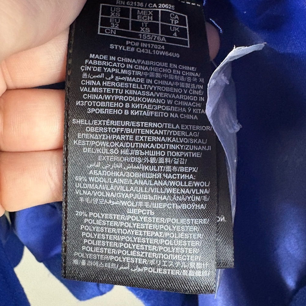 Guess Royal Blue Wool Blend Belted Peacoat XS | Double Breasted Dress Coat - Picture 7 of 8